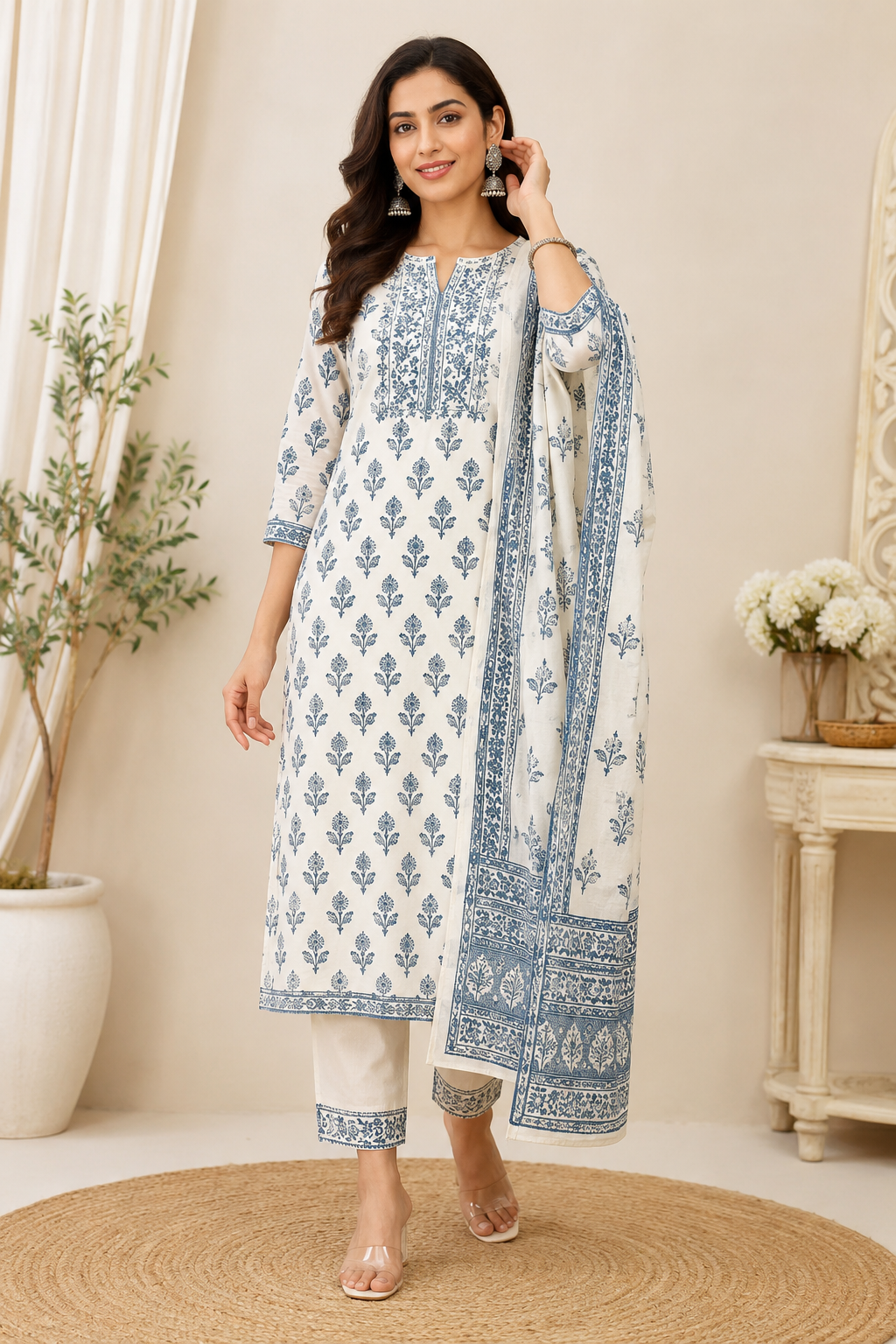 Stylish Mauve PEACH Embroidered Kurta Set for Women with Printed Dupatta & Pants | Cotton Blend Ethnic Suit Set for Daily Wear, Office, Festive & Traditional Functions | Comfortable Straight Kurti with 3/4th Sleeves | Indian Salwar Suit Set 3 Piece SET
