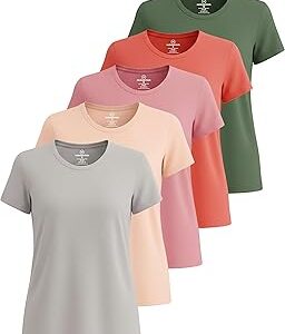 Real Essentials 5 Pack: Women's Short Sleeve T-Shirts Workout Tops Fitness Pilates Gym Activewear Athletic (Plus Available)