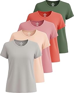 Real Essentials 5 Pack: Women's Short Sleeve T-Shirts Workout Tops Fitness Pilates Gym Activewear Athletic (Plus Available)